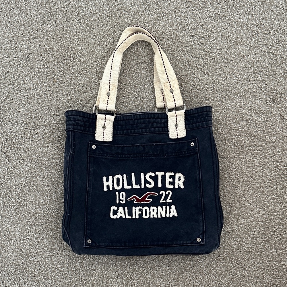 Hollister Dark Blue Canvas Tote with Cream Handles